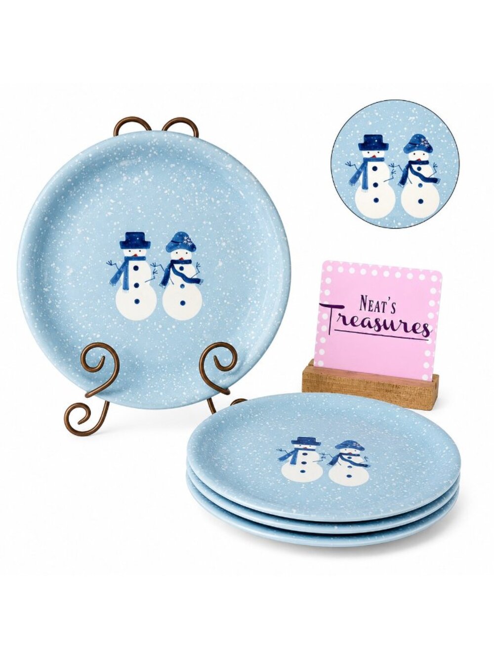 Home Target WINTER FROST Hand Painted Snowman Stoneware Blue Dinner Plates Set 4